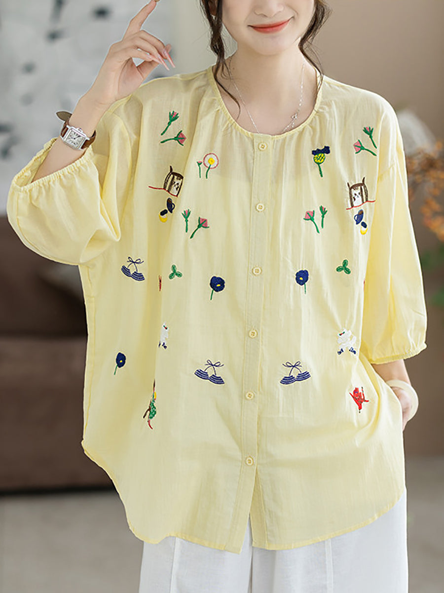 Women Summer Artsy Embroidery O-Neck 100%Cotton Blouse