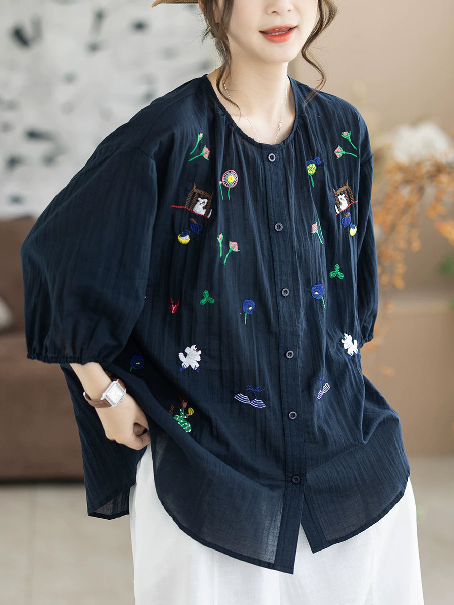 Women Summer Artsy Embroidery O-Neck 100%Cotton Blouse