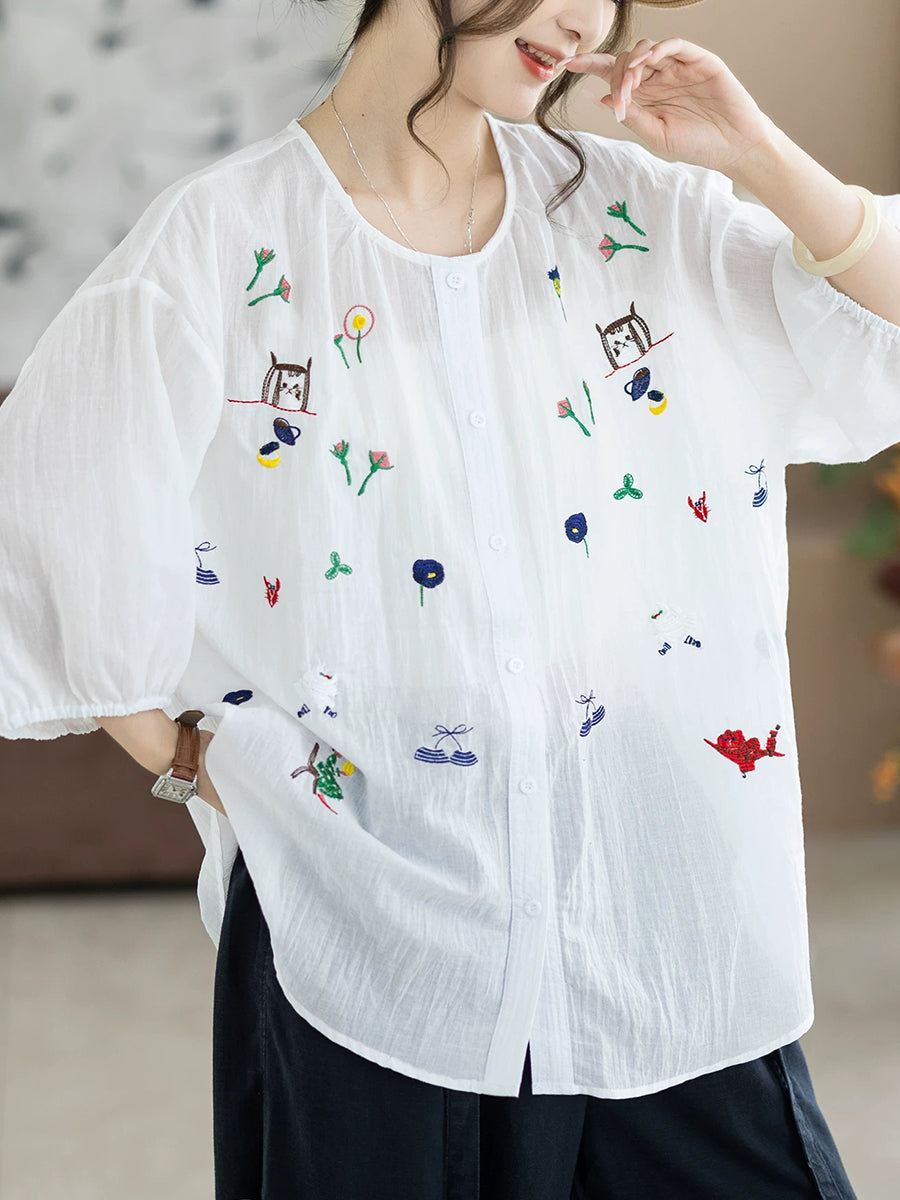 Women Summer Artsy Embroidery O-Neck 100%Cotton Blouse