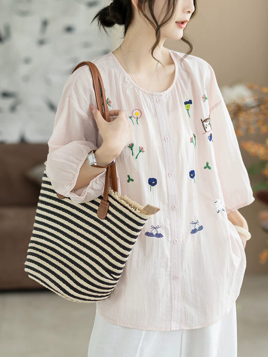 Women Summer Artsy Embroidery O-Neck 100%Cotton Blouse