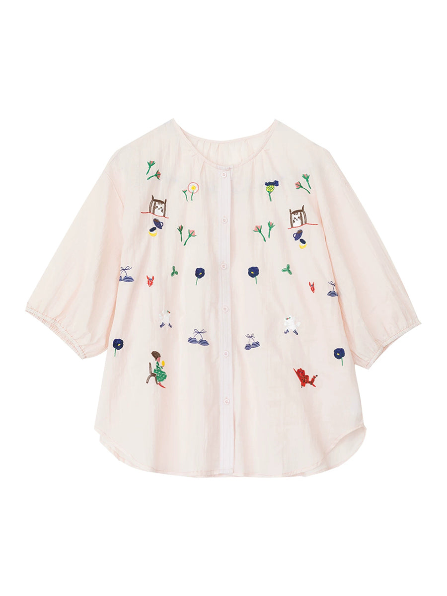 Women Summer Artsy Embroidery O-Neck 100%Cotton Blouse