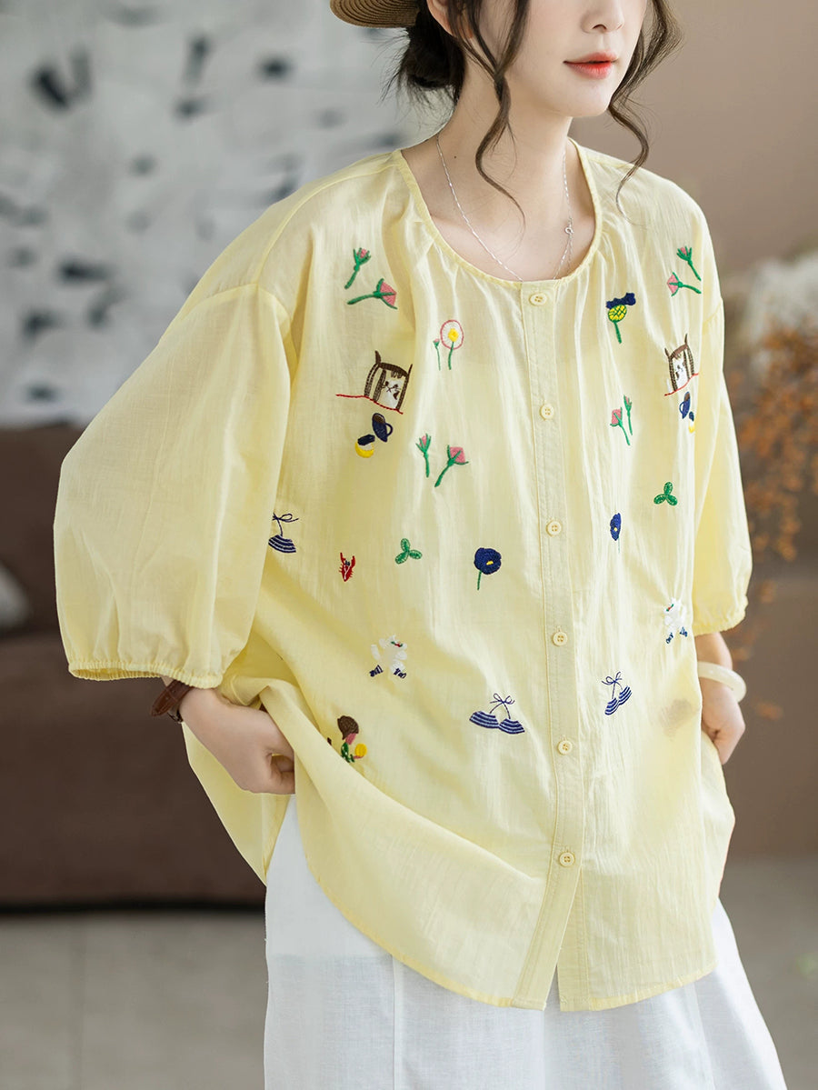 Women Summer Artsy Embroidery O-Neck 100%Cotton Blouse