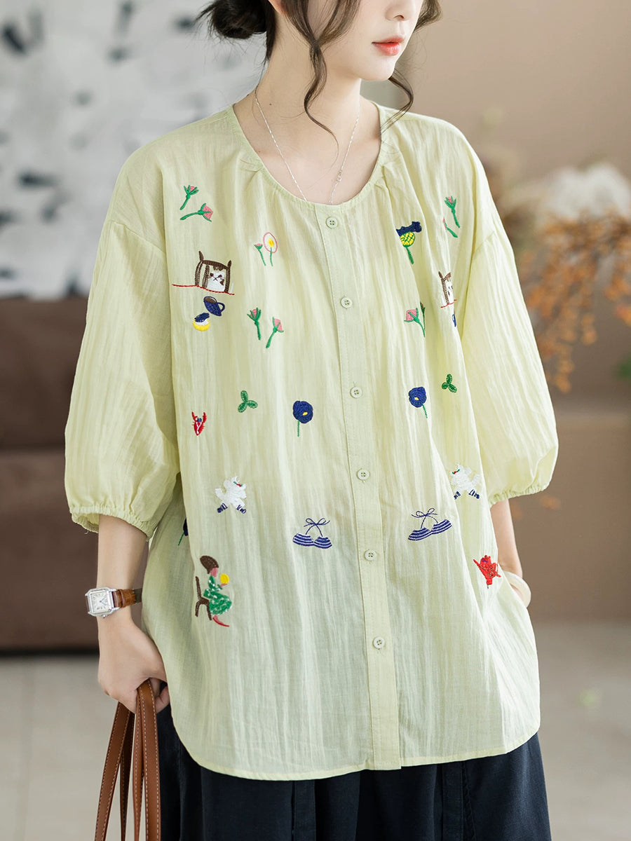 Women Summer Artsy Embroidery O-Neck 100%Cotton Blouse