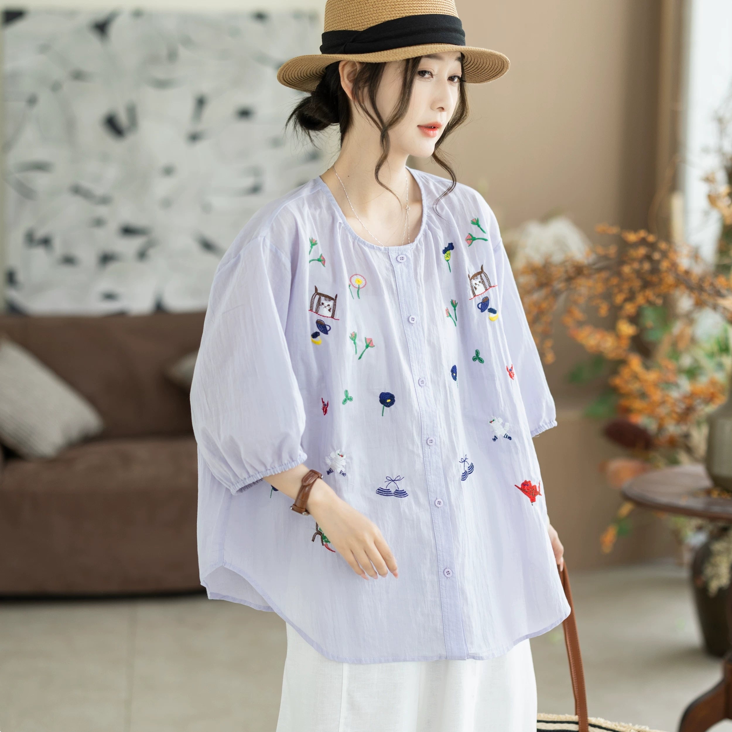 Women Summer Artsy Embroidery O-Neck 100%Cotton Blouse