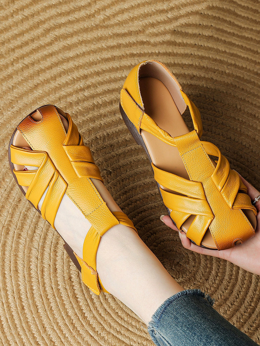 Women Summer Genuine Leather Spliced Low Heel Sandals