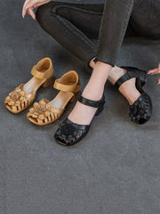 Women Summer Retro Leather Flower Low Heel Sandals