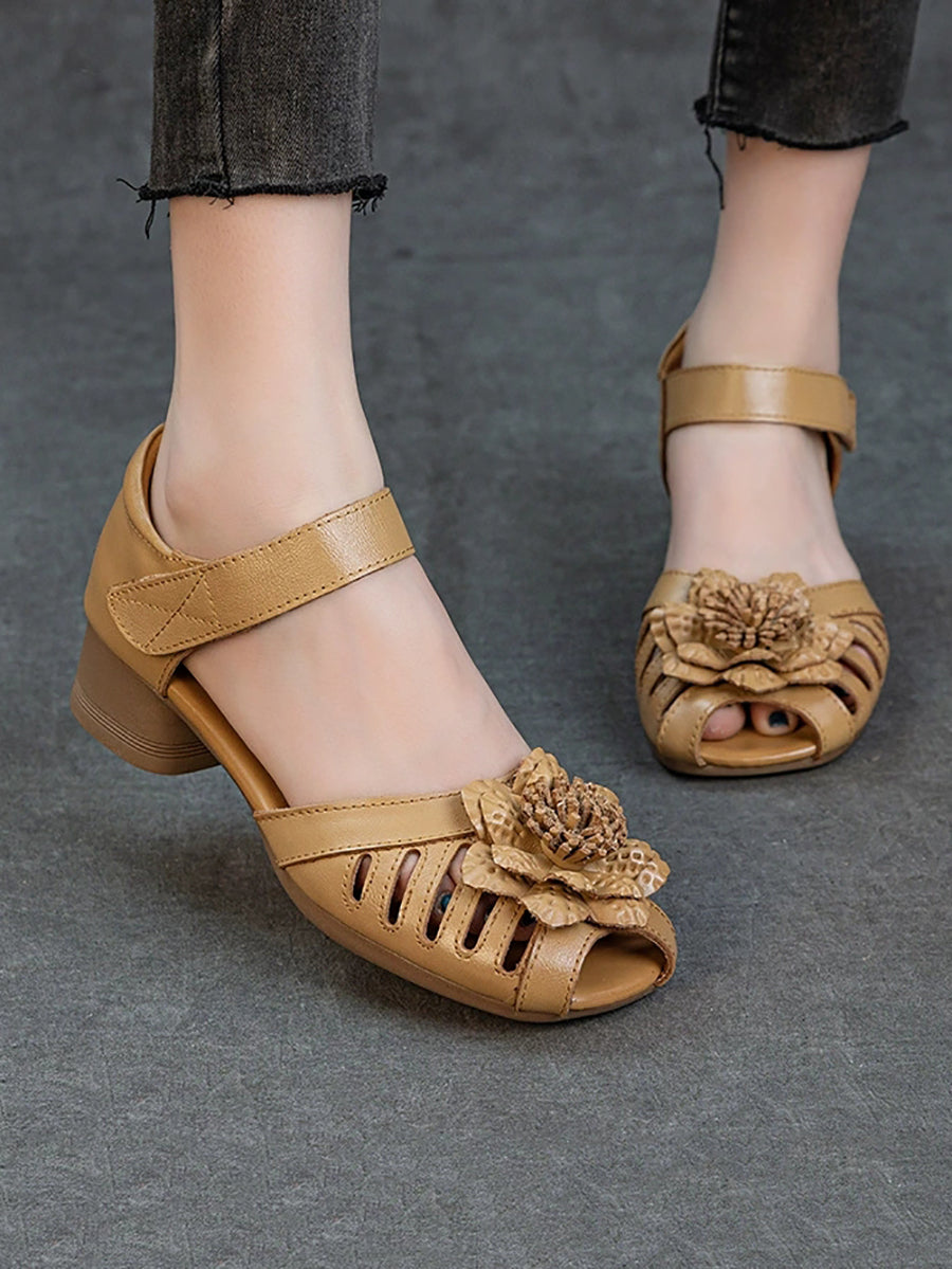 Women Summer Retro Leather Flower Low Heel Sandals