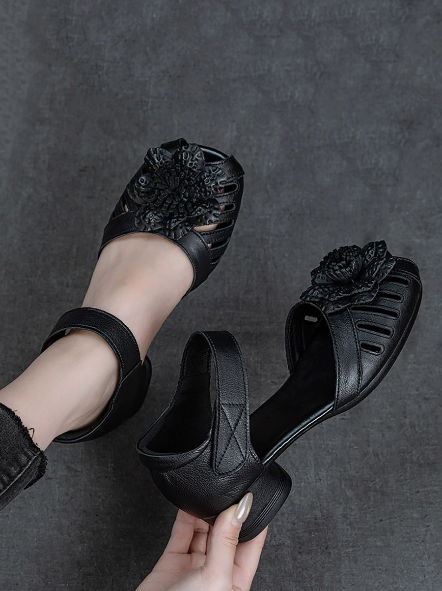 Women Summer Retro Leather Flower Low Heel Sandals