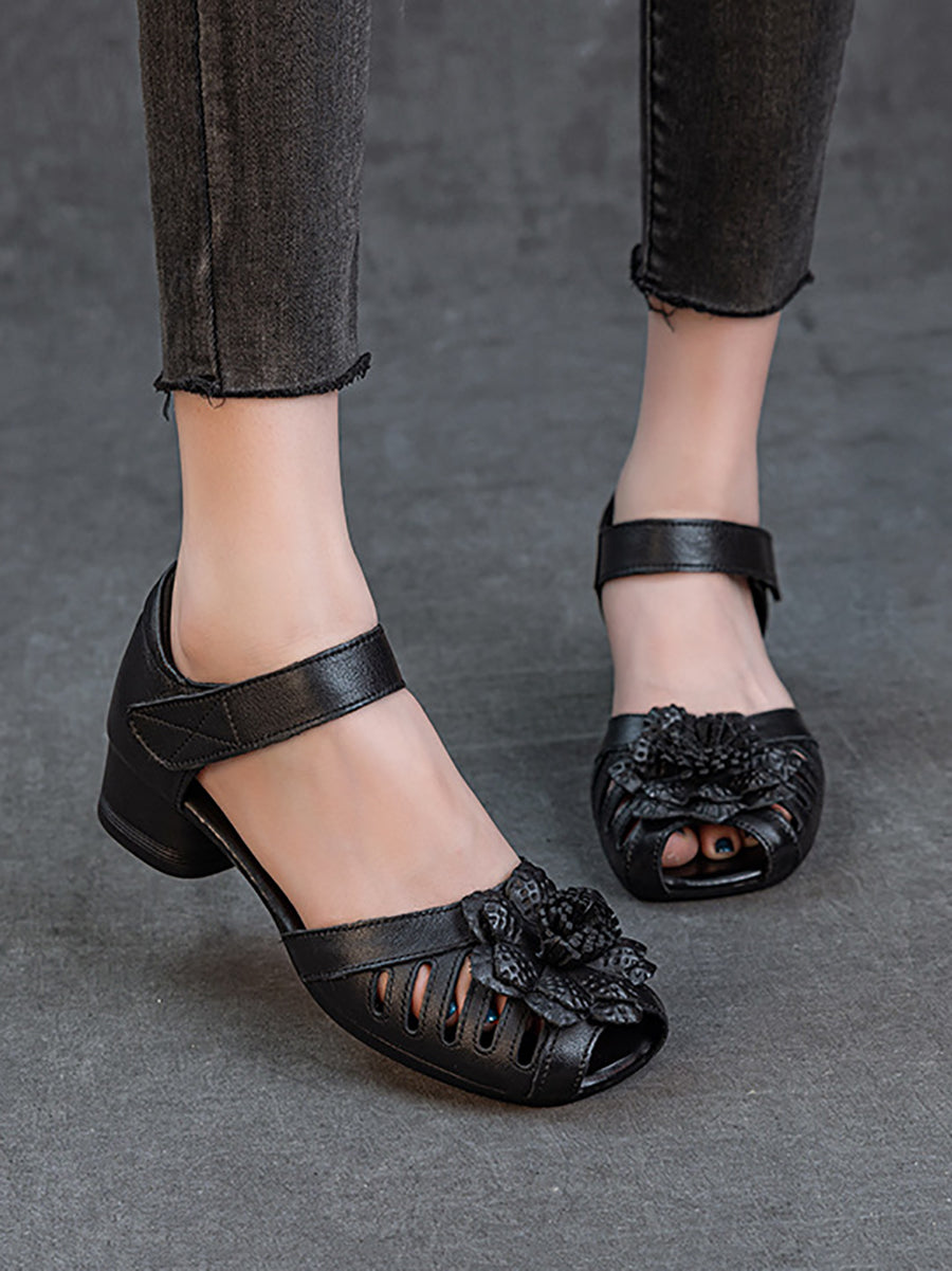 Women Summer Retro Leather Flower Low Heel Sandals