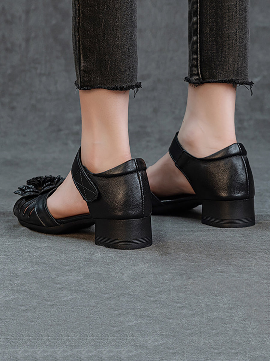 Women Summer Retro Leather Flower Low Heel Sandals