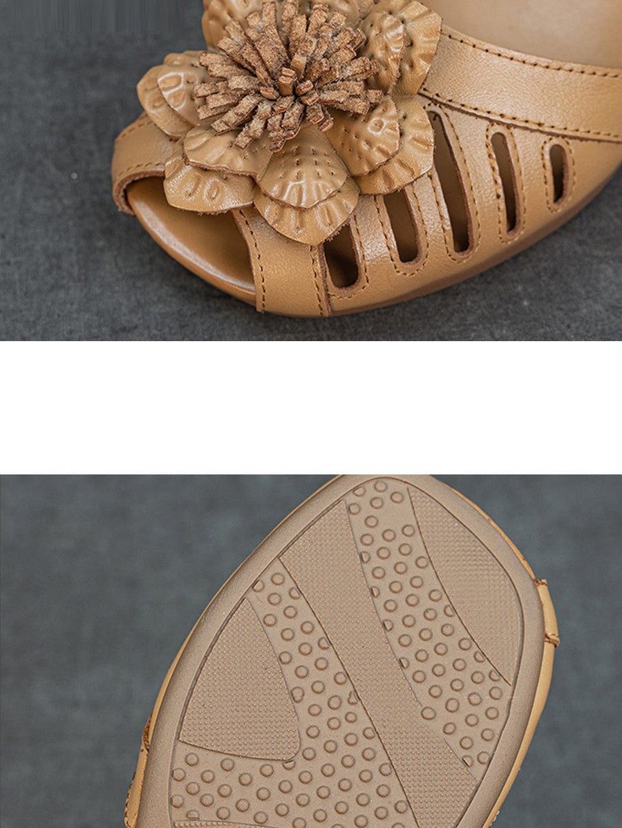 Women Summer Retro Leather Flower Low Heel Sandals