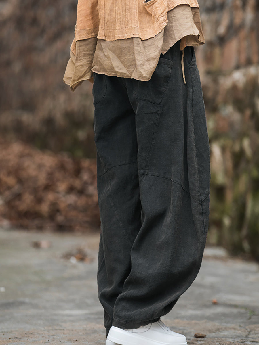 Plus Size Women Winter Cotton Linen Fleece-lined Loose Harem Pants