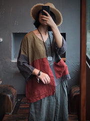 Plus Size Women Linen Retro Patch Spliced Pocket Irregular Loose Blouse