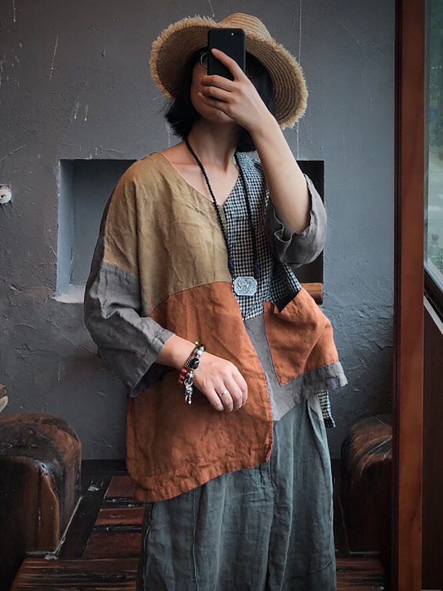 Plus Size Women Linen Retro Patch Spliced Pocket Irregular Loose Blouse
