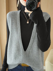 Women Autumn Casual Pure Color V-Neck Knitted Vest