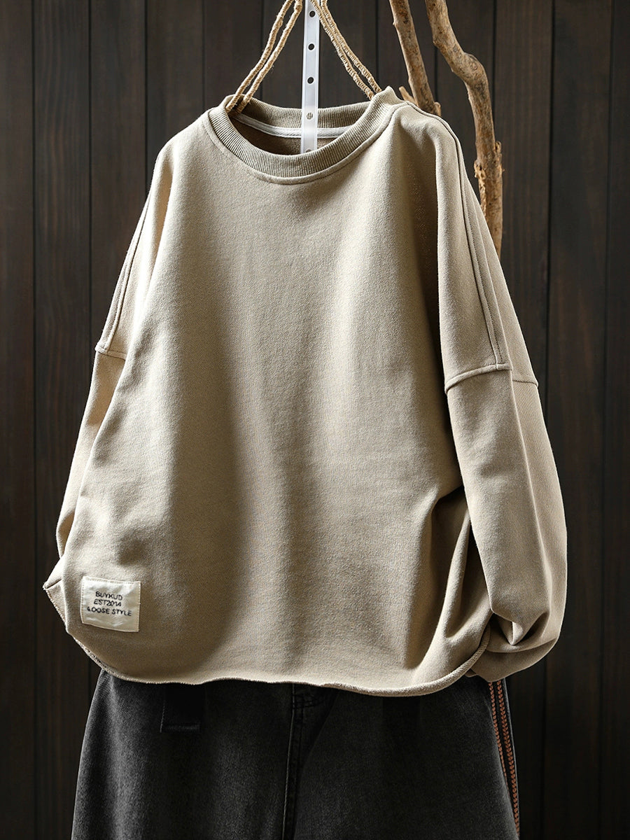 Plus Size Women Autumn Casual Pure Color O-Neck Blouse