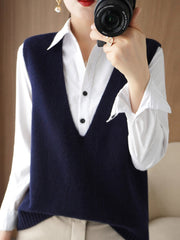 Women Autumn Casual Pure Color V-Neck Knitted Vest