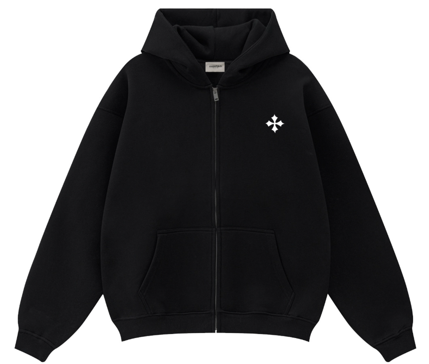 Fear of God Essentials Black White Cross Zip Hoodie