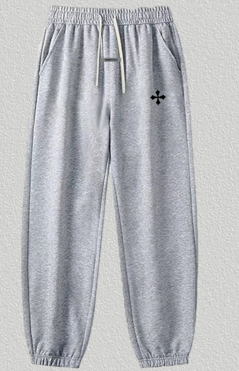 Fear of God Essentials Grey Joggers with Black Cross Graphic