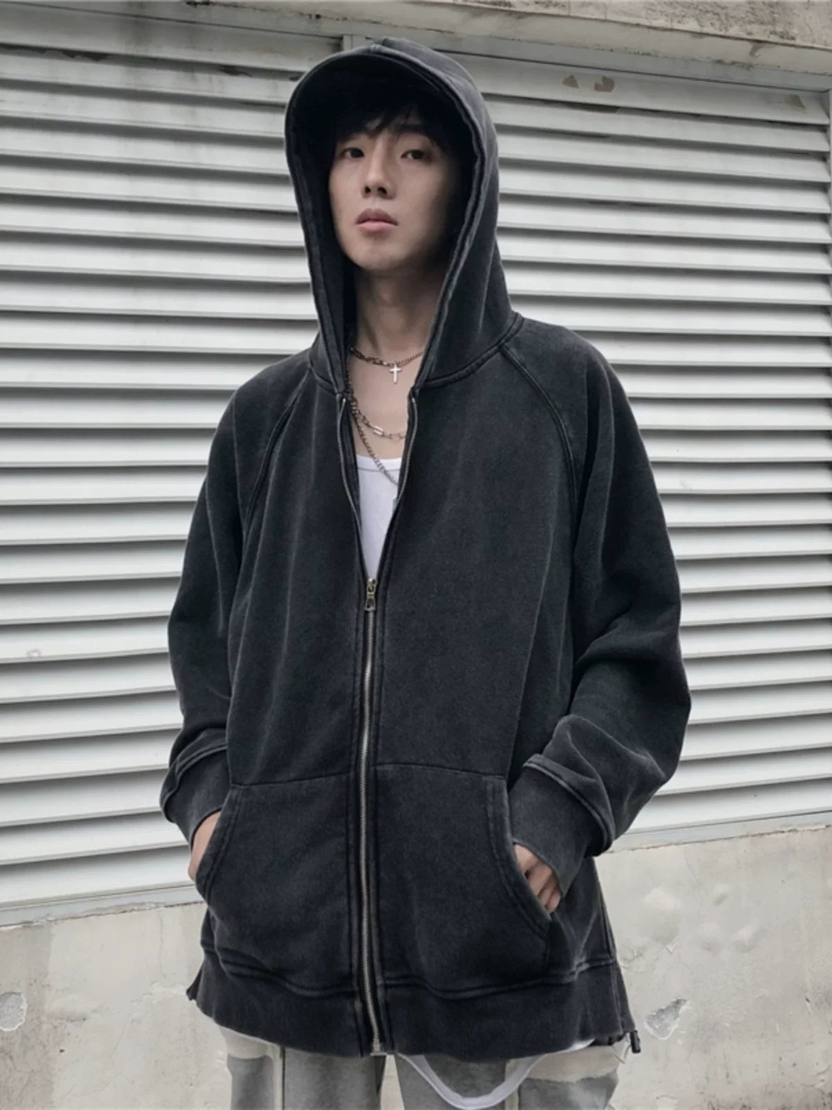European and American high street FOG split zipper jacket men's autumn and winter dark fashion brand washed old hoodie sweatshirt hip-hop