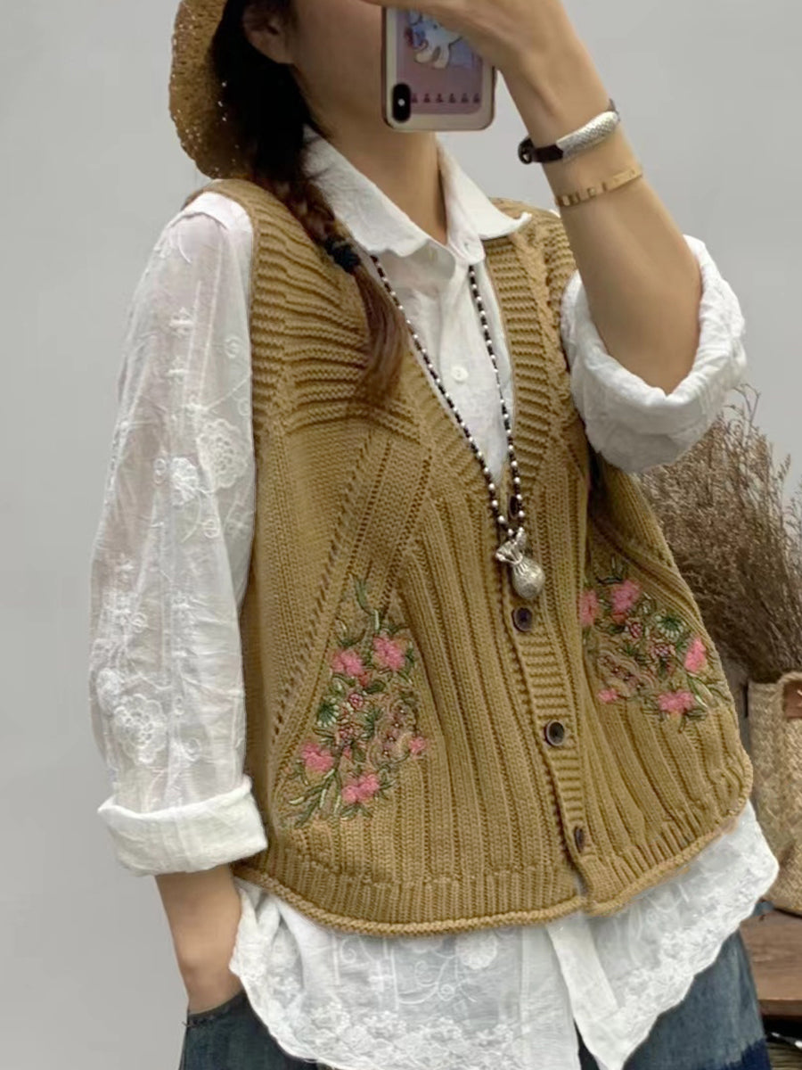 Women Vintage Floral Embroidery V-neck Knitted Vest