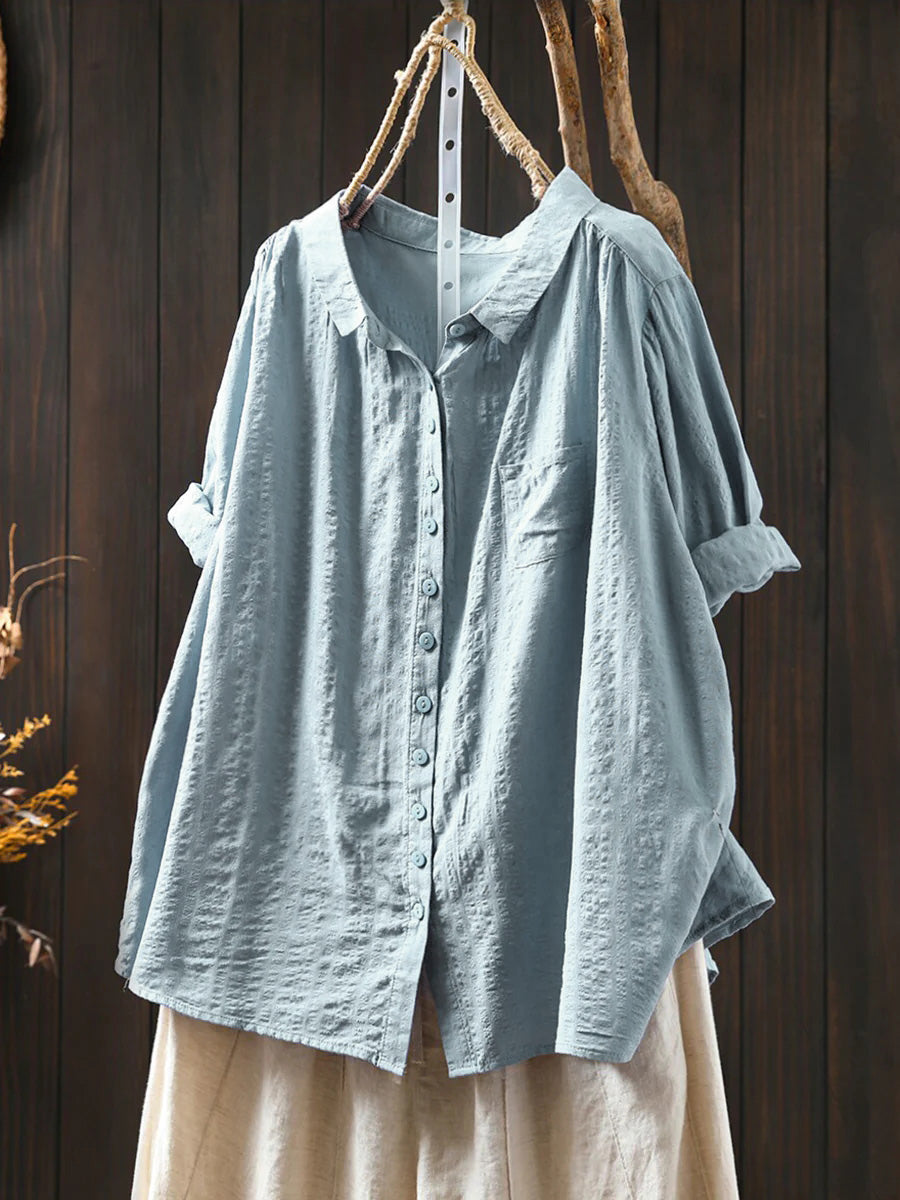 Women Summer Casual Pure Color Cotton Shirt