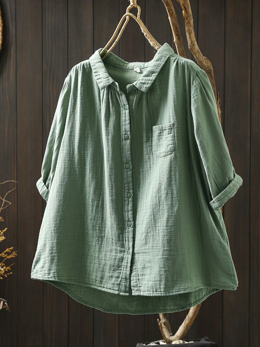 Women Summer Casual Pure Color 100%Cotton Shirt
