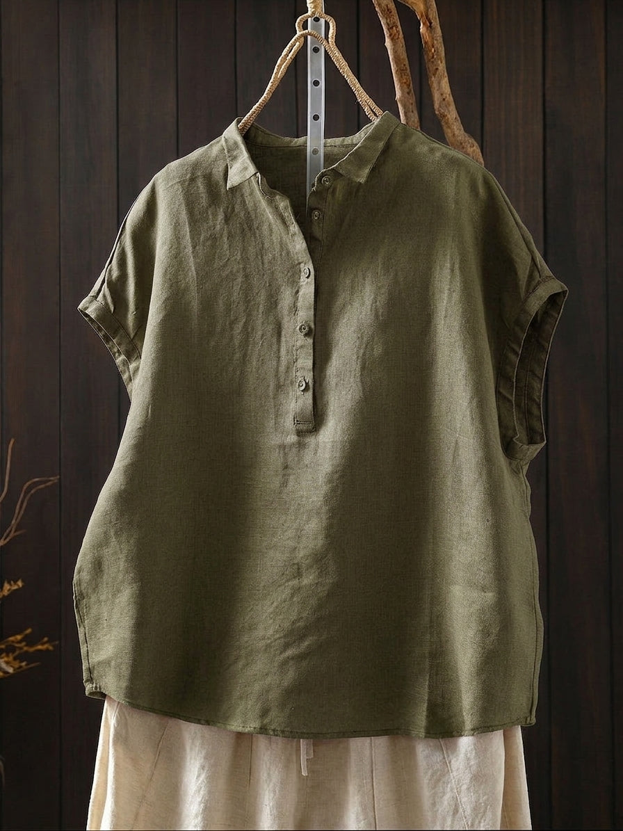 Plus Size Women Summer Artsy Pure Color 100%Linen Blouse