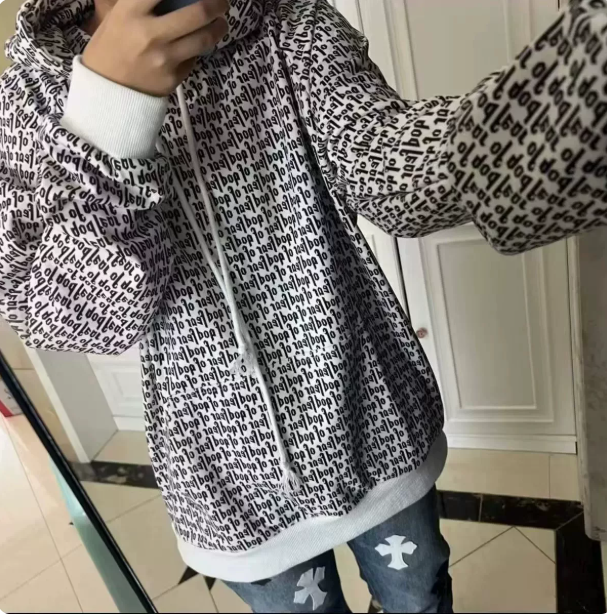Fear of God Essentials Black White Allover Text Hoodie