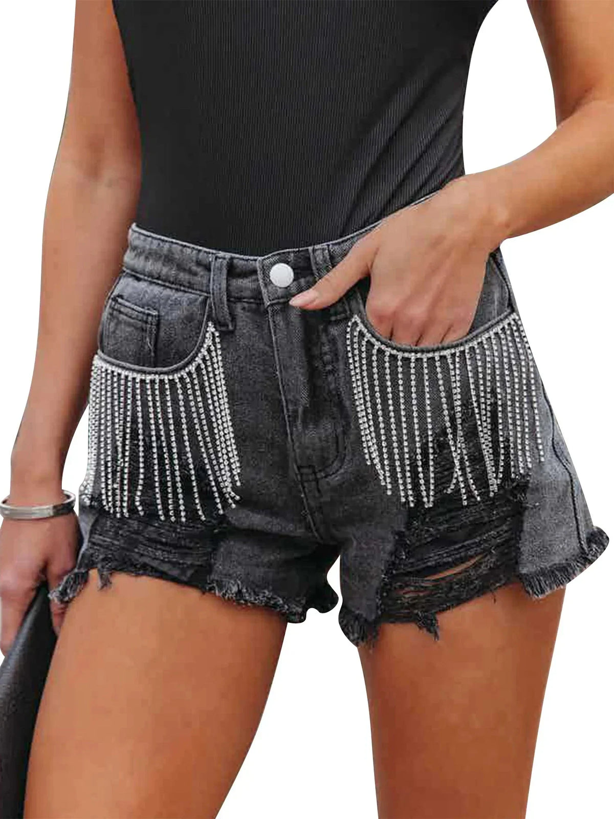 Fringe Rhinestone Denim Shorts