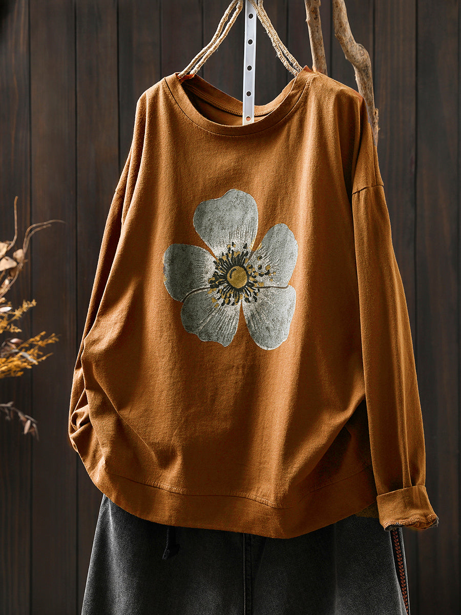 Plus Size Women Autumn Artsy Flower O-Neck Cotton Blouse