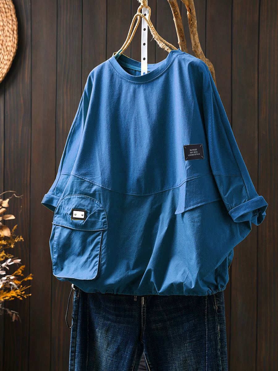 Plus Size Women Summer Pocket Pure Color O-Neck Cotton Blouse