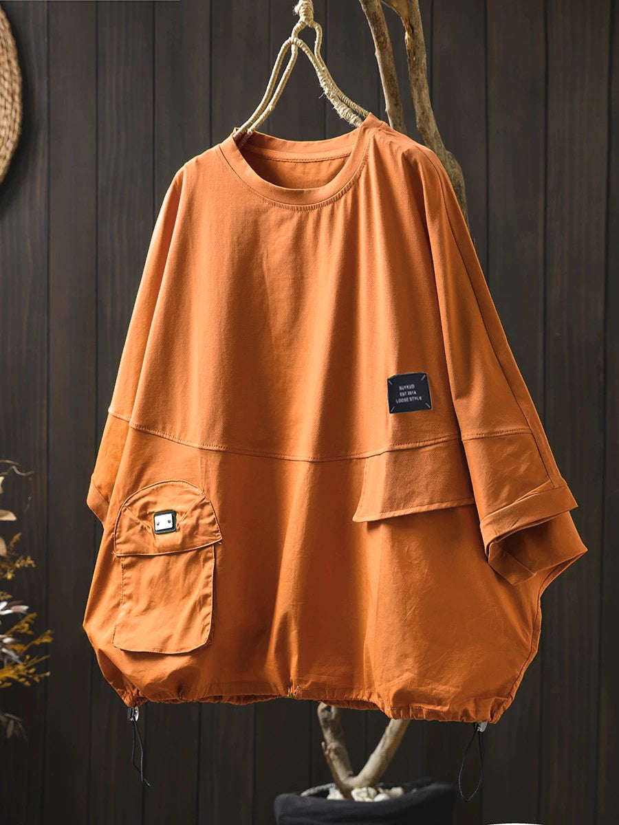 Plus Size Women Summer Pocket Pure Color O-Neck Cotton Blouse