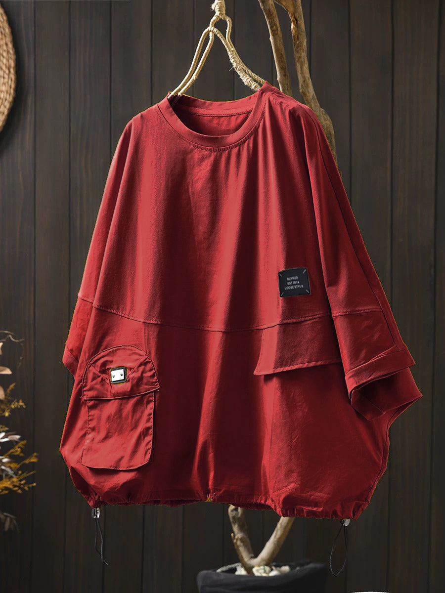 Plus Size Women Summer Pocket Pure Color O-Neck Cotton Blouse