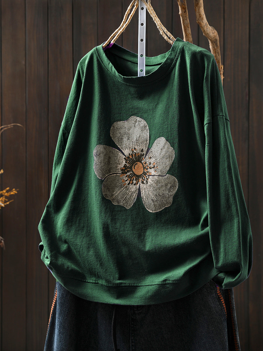 Plus Size Women Autumn Artsy Flower O-Neck Cotton Blouse