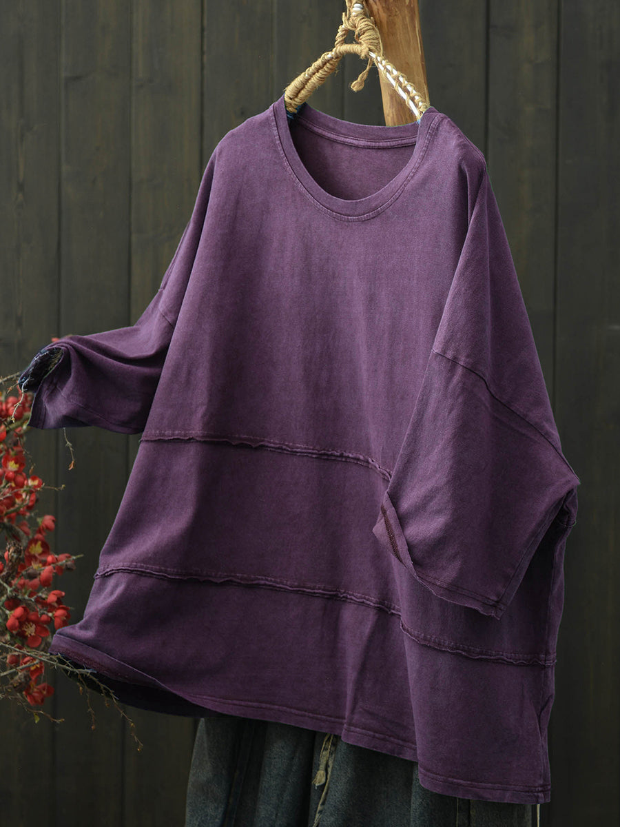 Plus Size Women Summer Retro Pure Color Cotton T-Shirt
