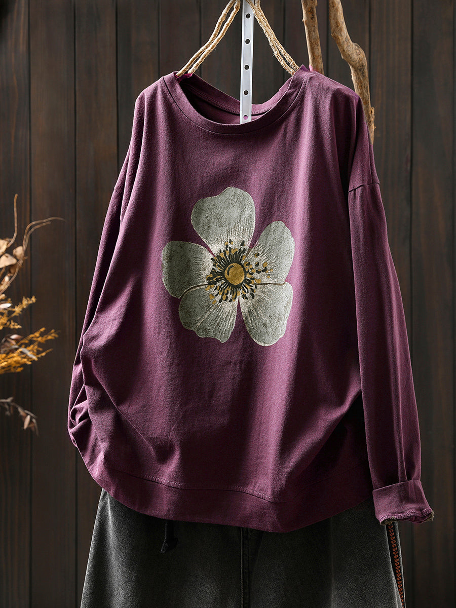 Plus Size Women Autumn Artsy Flower O-Neck Cotton Blouse