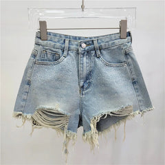 Ripped Rhinestone Denim Shorts
