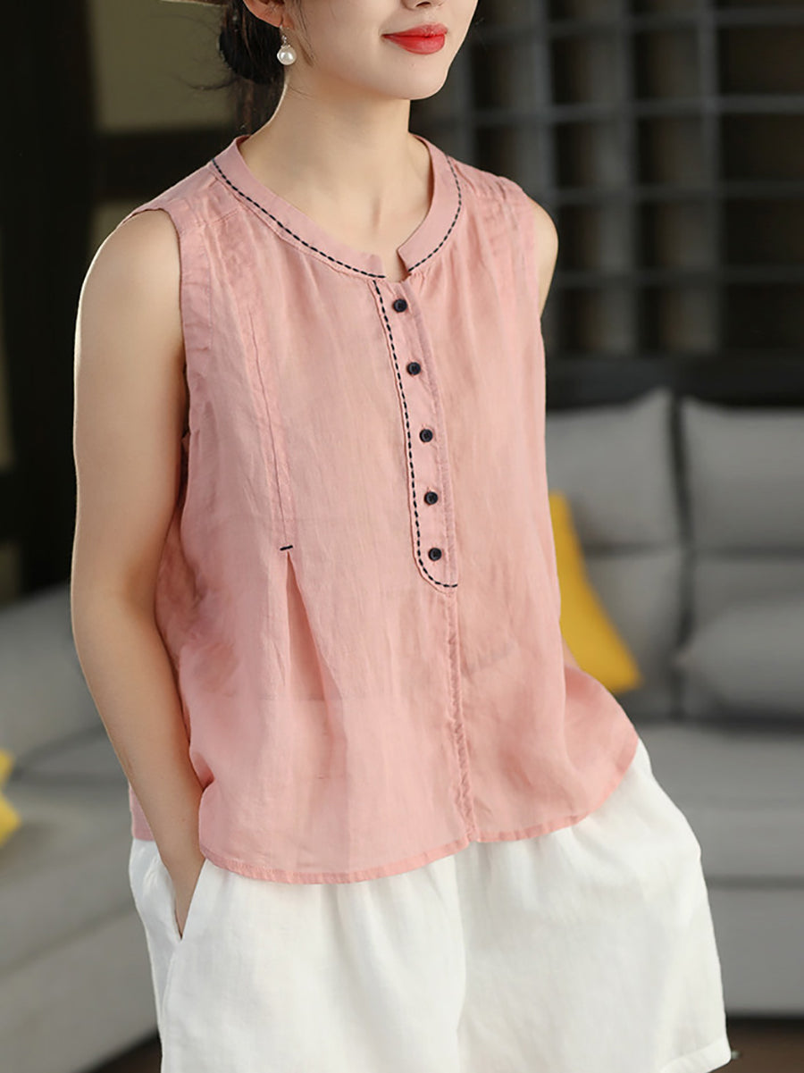 Women Summer Vintage Stand Collar Ramie Sleeveless Shirt