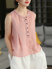 Women Summer Vintage Stand Collar Ramie Sleeveless Shirt
