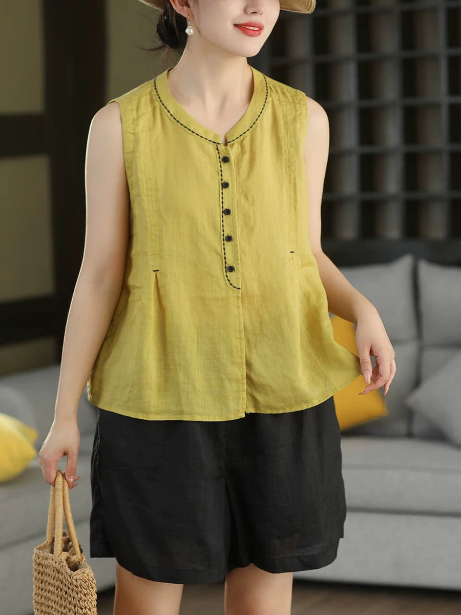 Women Summer Vintage Stand Collar Ramie Sleeveless Shirt