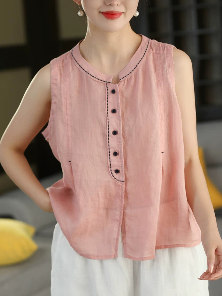 Women Summer Vintage Stand Collar Ramie Sleeveless Shirt
