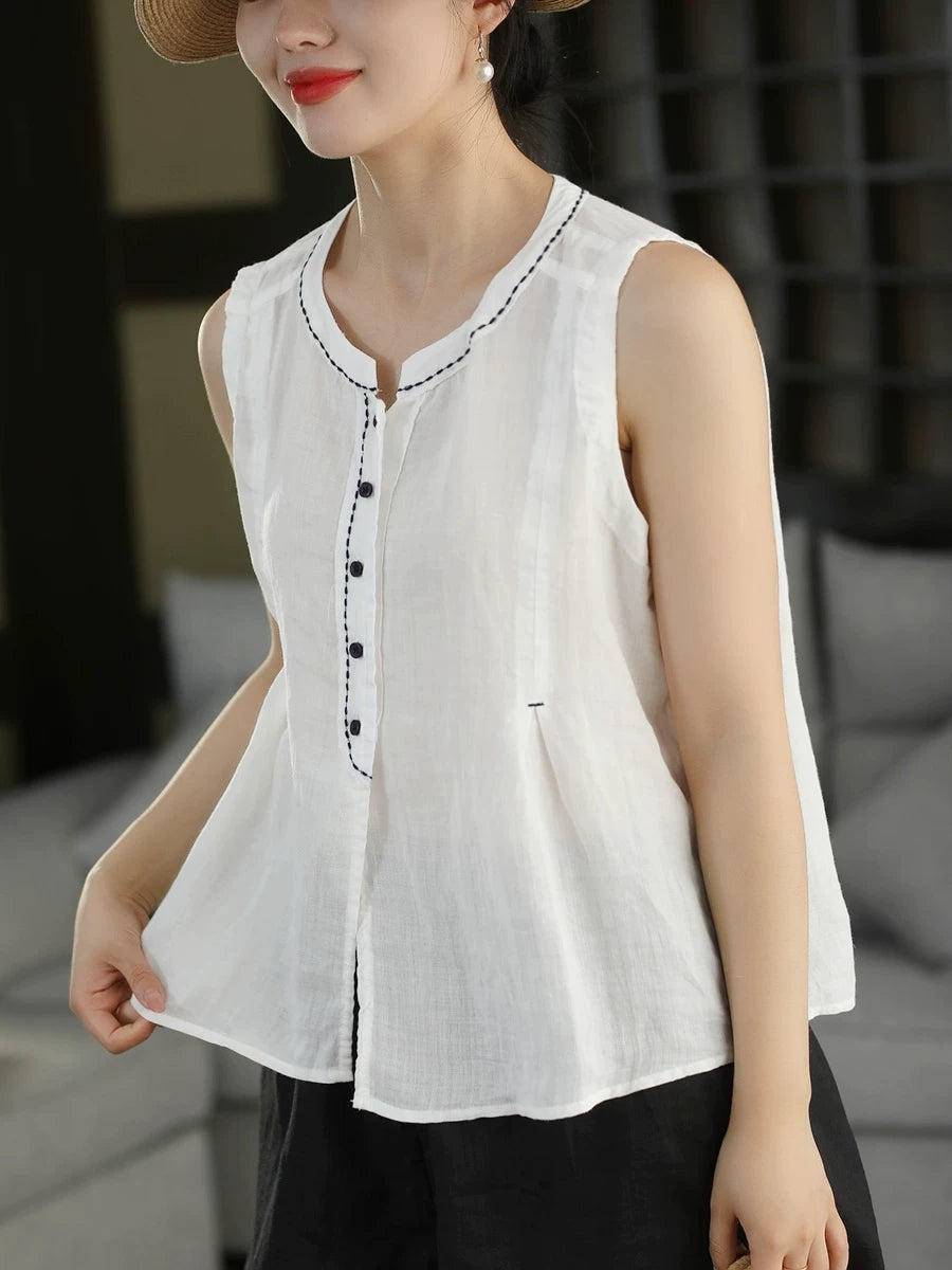 Women Summer Vintage Stand Collar Ramie Sleeveless Shirt