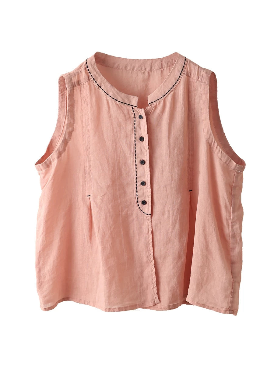 Women Summer Vintage Stand Collar Ramie Sleeveless Shirt