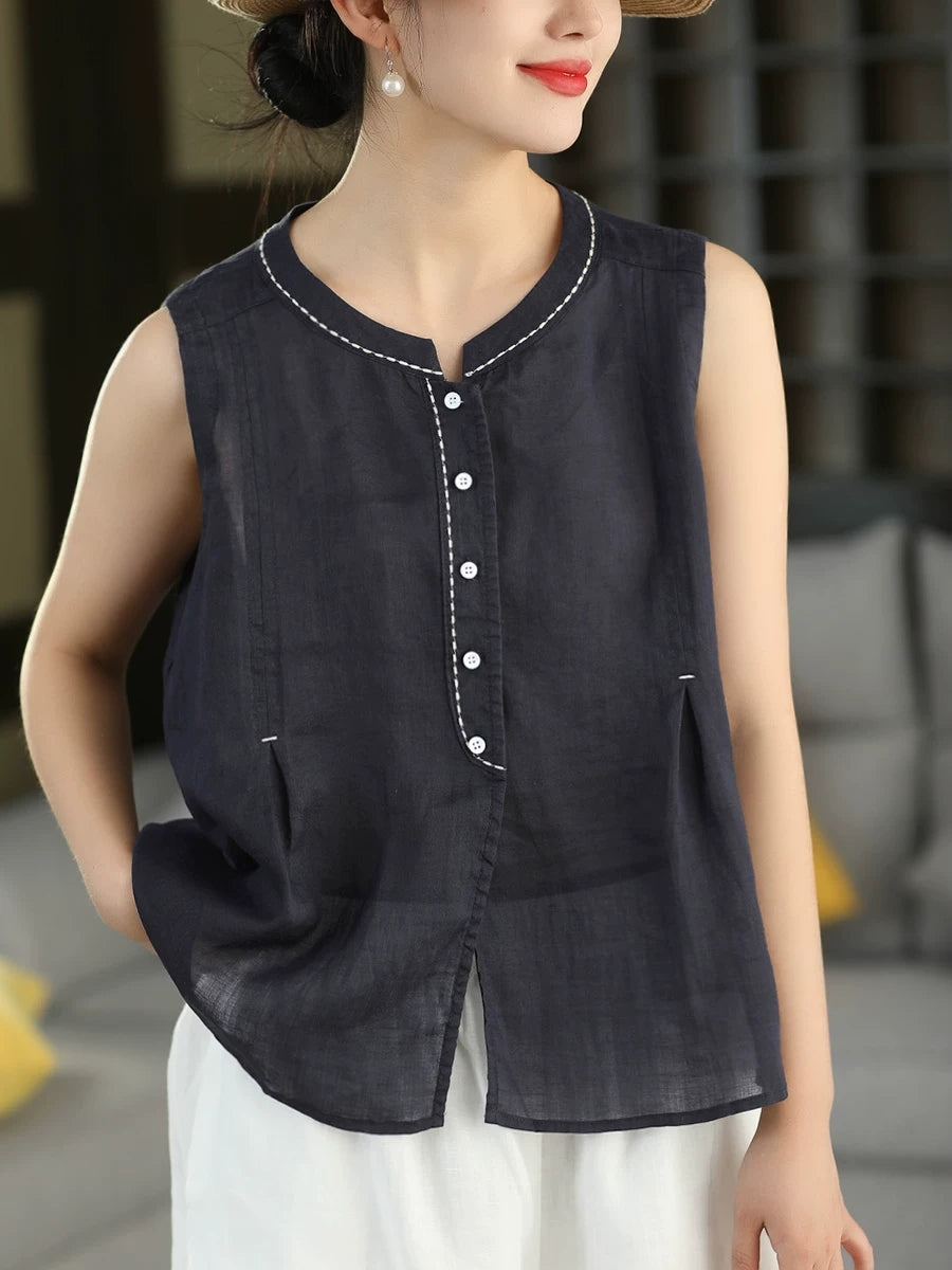 Women Summer Vintage Stand Collar Ramie Sleeveless Shirt