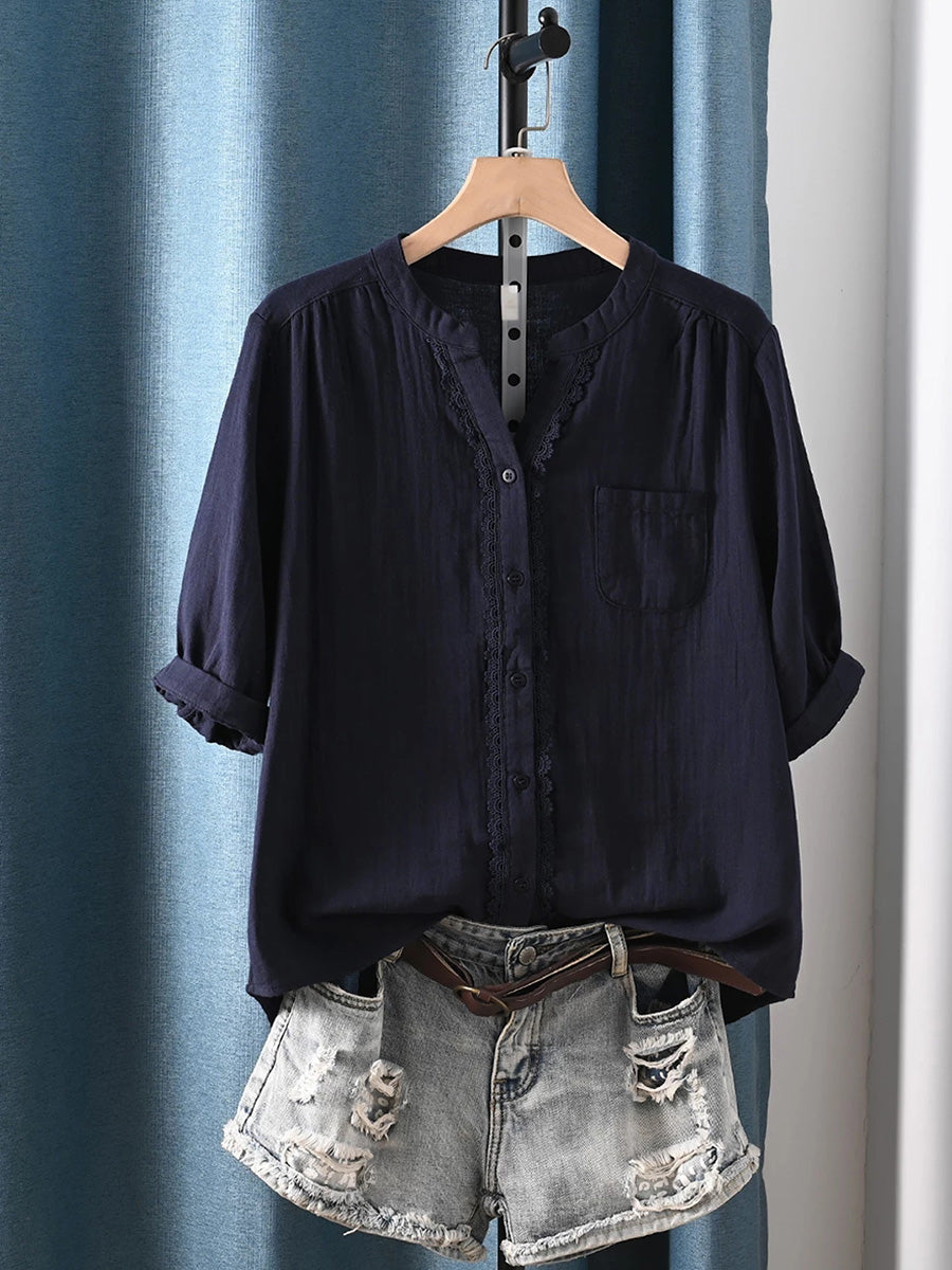 Women Summer Minimalist Short Sleeve Cotton Shirt