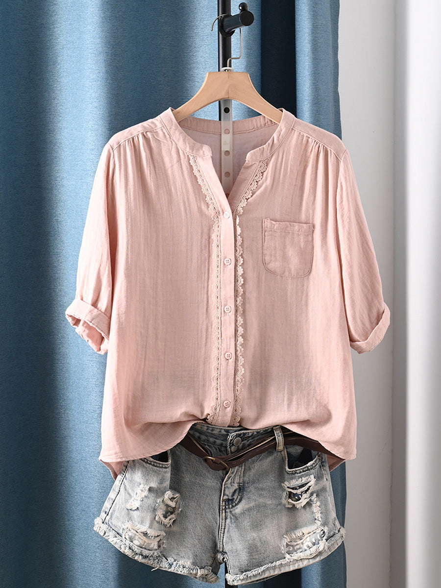 Women Summer Minimalist Short Sleeve Cotton Shirt