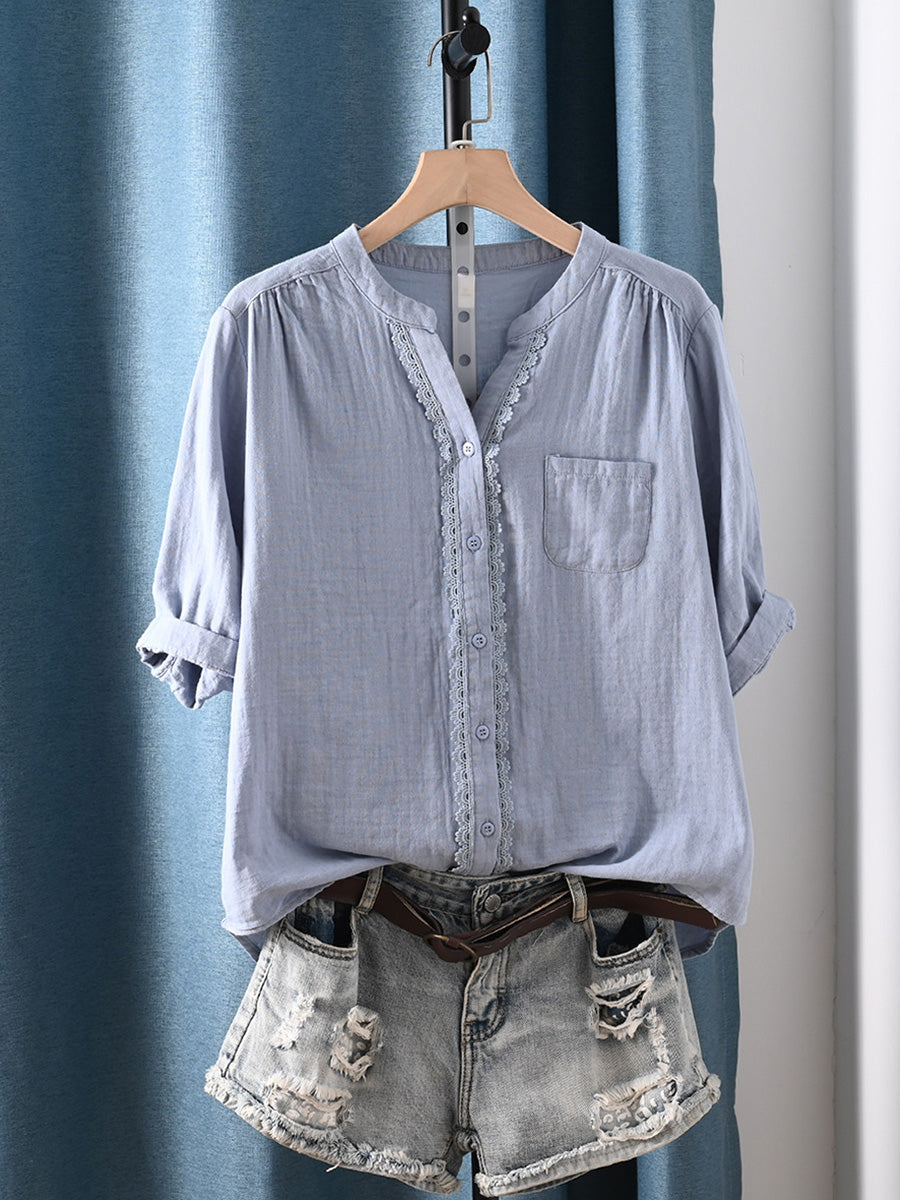 Women Summer Minimalist Short Sleeve Cotton Shirt