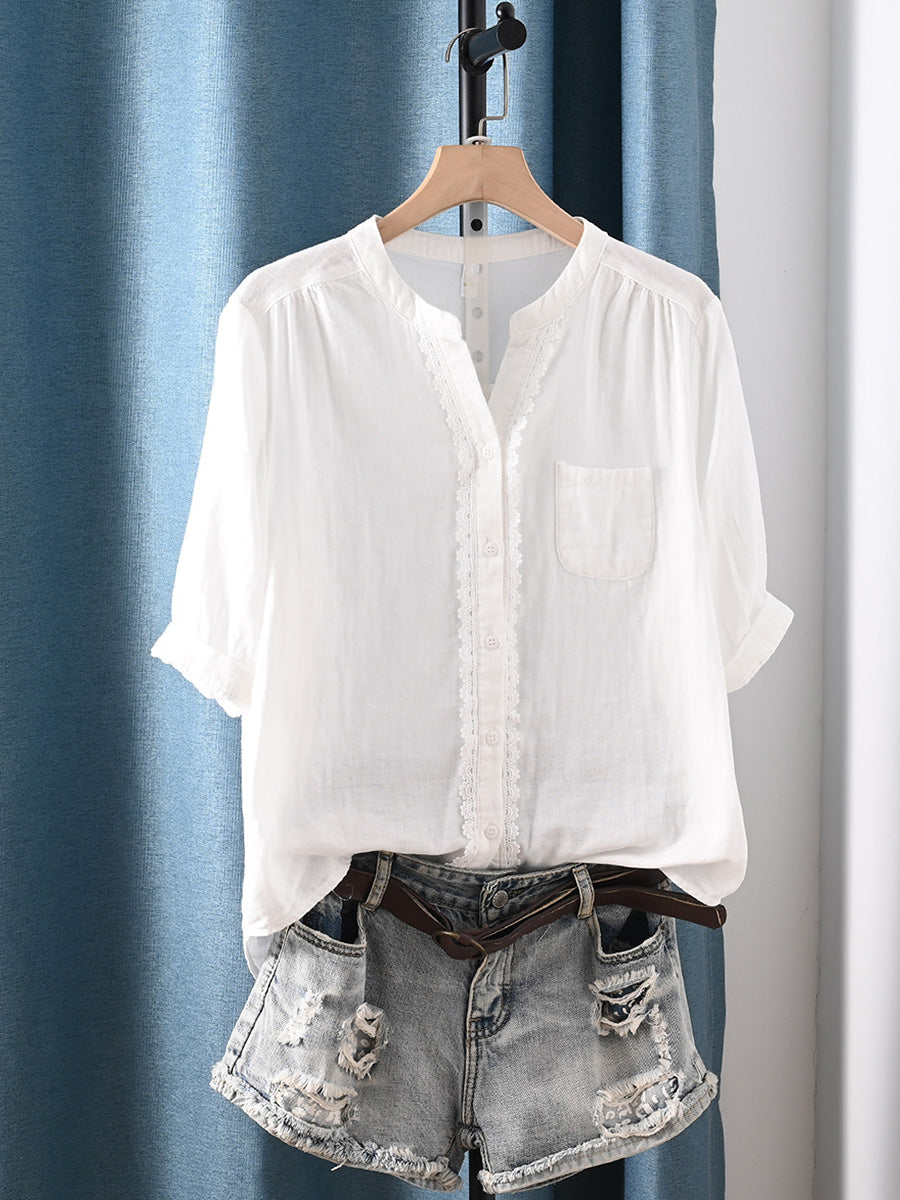 Women Summer Minimalist Short Sleeve Cotton Shirt