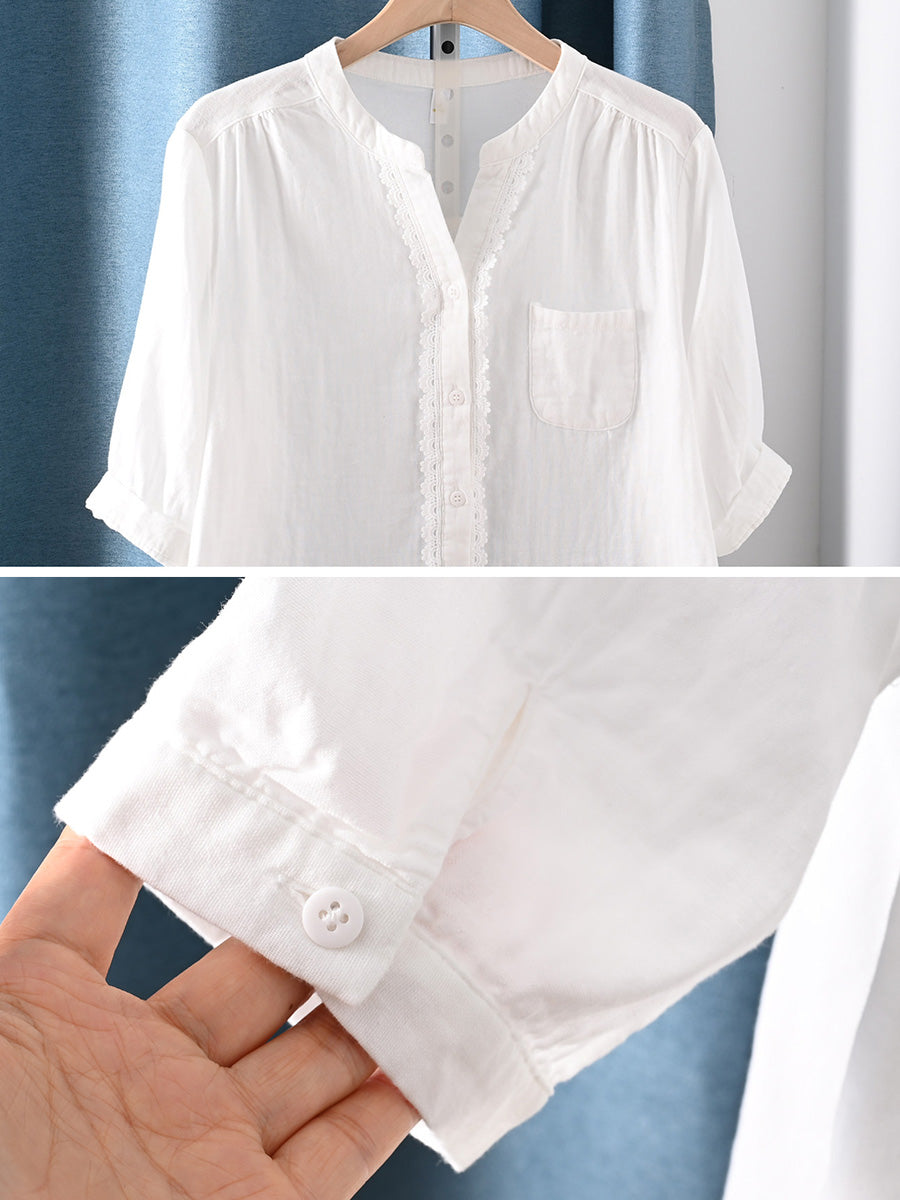 Women Summer Minimalist Short Sleeve Cotton Shirt